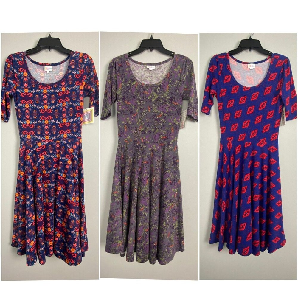 3 Dresses 🦄 Bundle Lularoe Nicole Purple‎ Cardinals Red Blue Orange Boho Lot SM